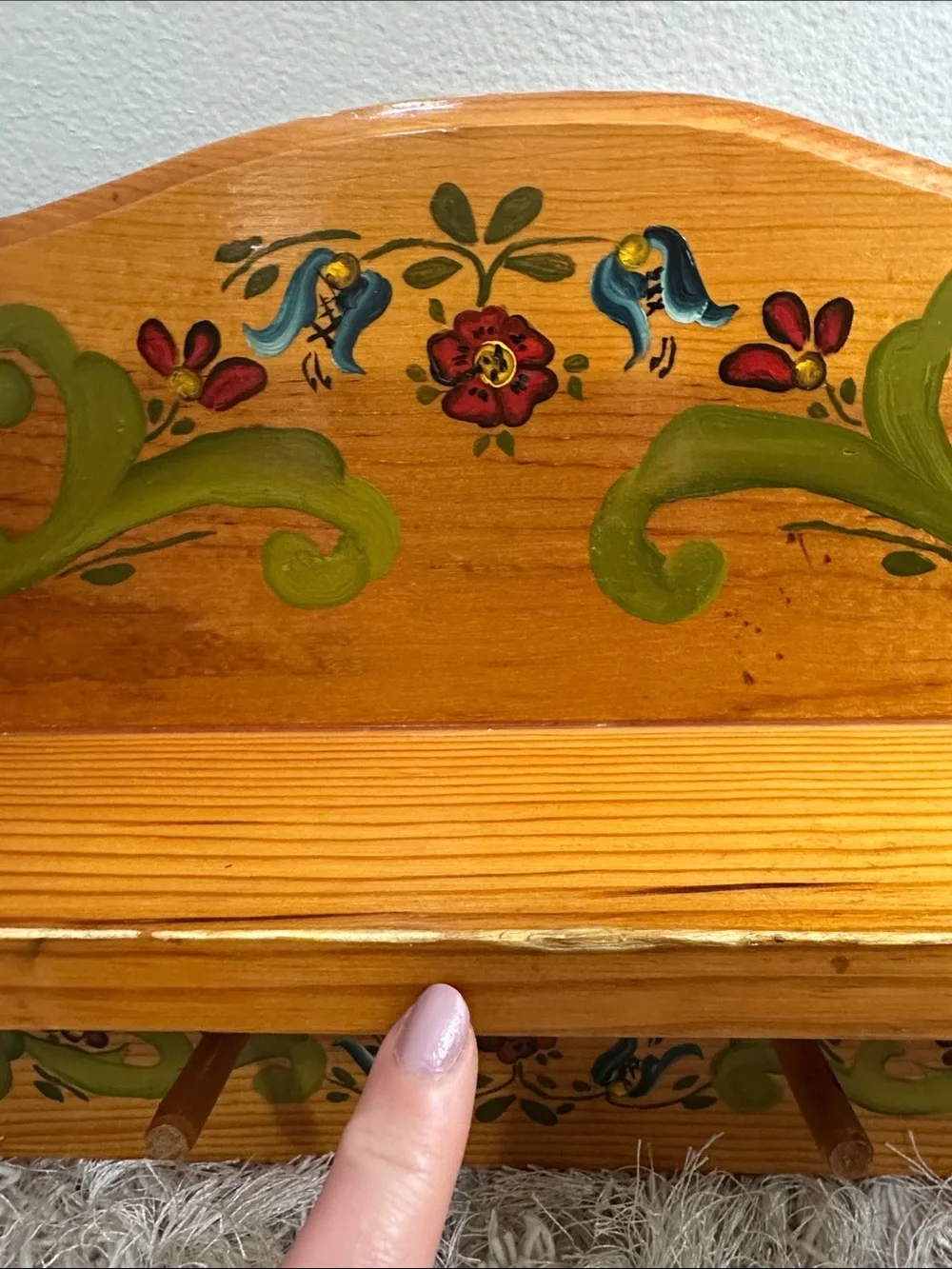 Vintage Handcrafted Wooden Folk Art Painted Shelf With Pegs Cottagecore Country